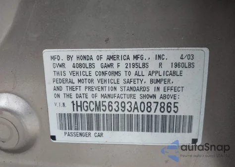 2003 Honda Accord 2.4 Lx из США, поврежденный, VIN 1HGCM56393A087865